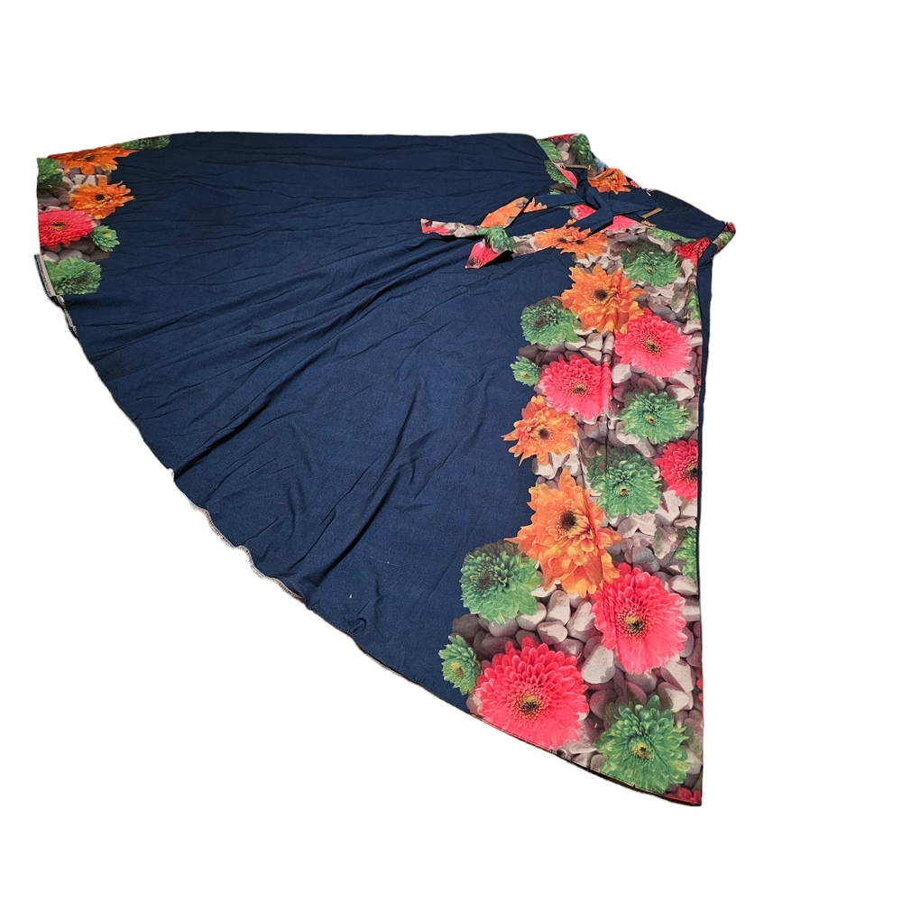 FEVROJ Flare Midi Skirt Floral Print Blue Flowy Tie Belt Women's Large